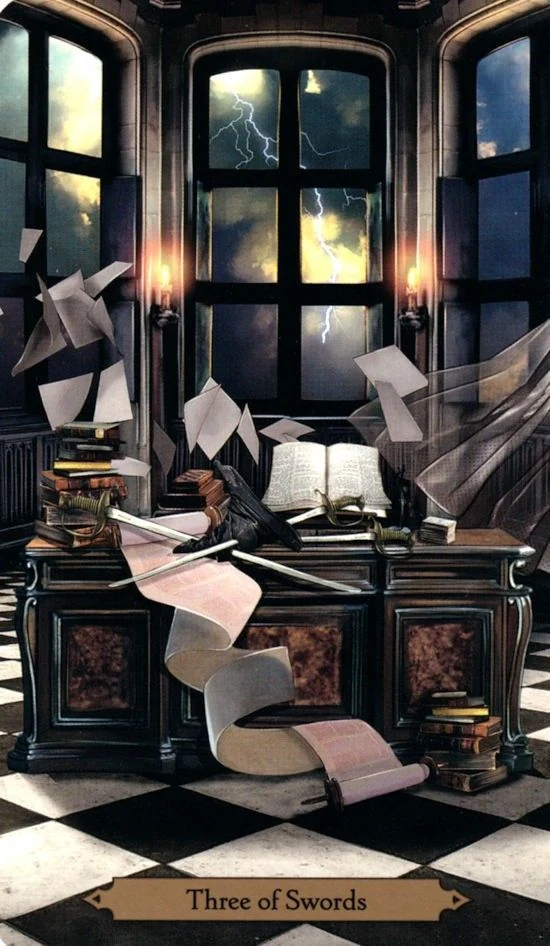 Three of Swords card from the Wizards Tarot deck by Barbara Moore