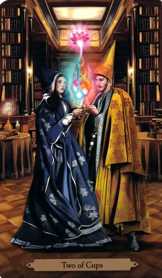 Two of Cups card from the Wizards Tarot deck by Barbara Moore