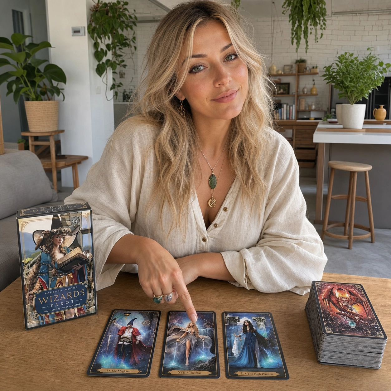 Aurica reviewing Wizards Tarot by Barbara Moore with the deck box, three face-up cards, and stacked deck