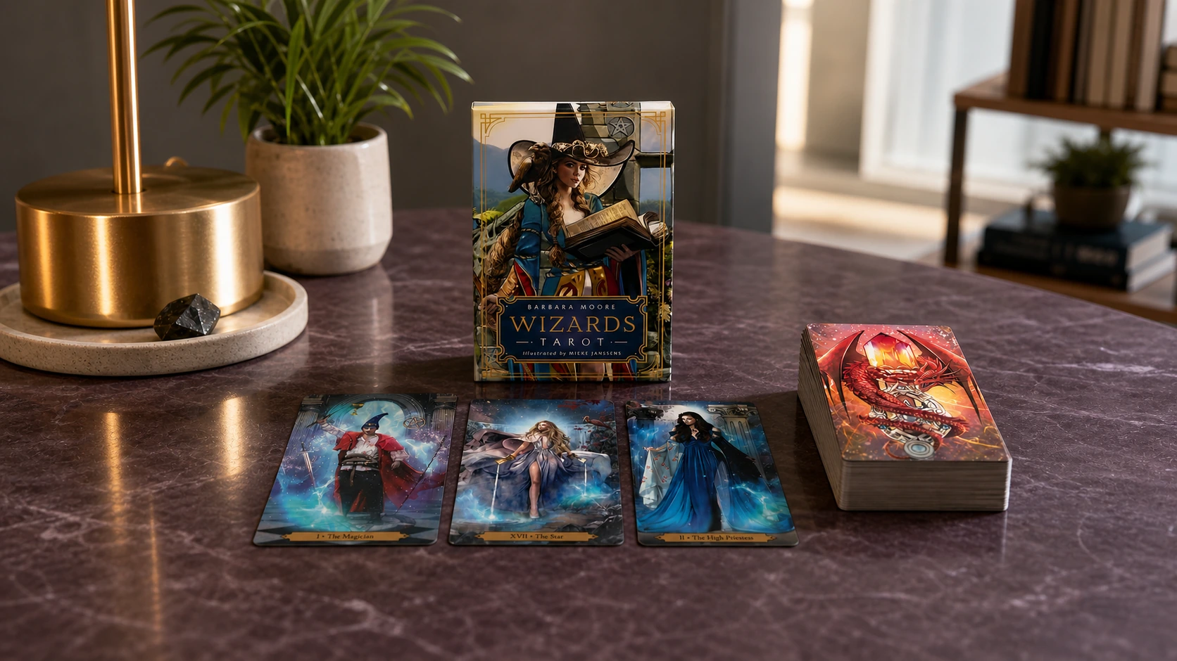 Generated modern-home product scene inspired by the Wizards Tarot deck by Barbara Moore