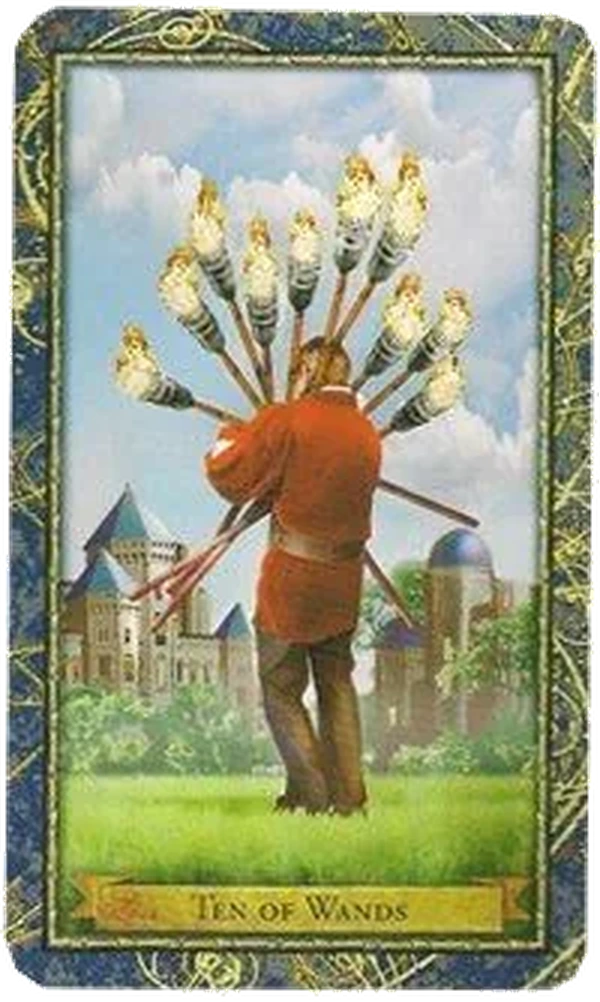 10 of Wands card from the Wizards Tarot deck by Corrine Kenner