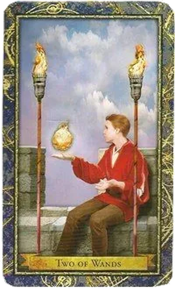 2 of Wands card from the Wizards Tarot deck by Corrine Kenner