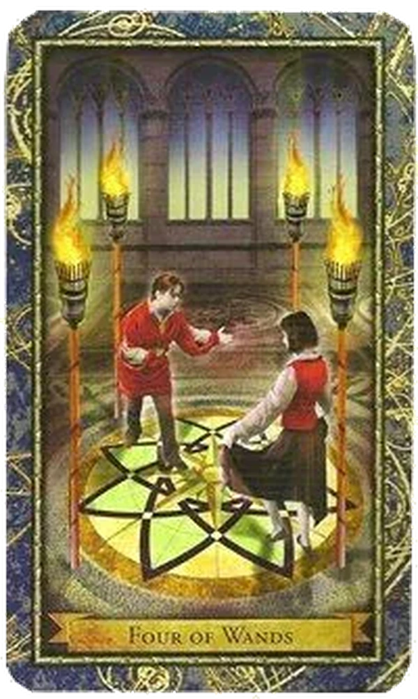 4 of Wands card from the Wizards Tarot deck by Corrine Kenner