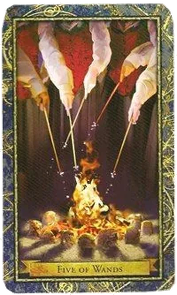 5 of Wands card from the Wizards Tarot deck by Corrine Kenner