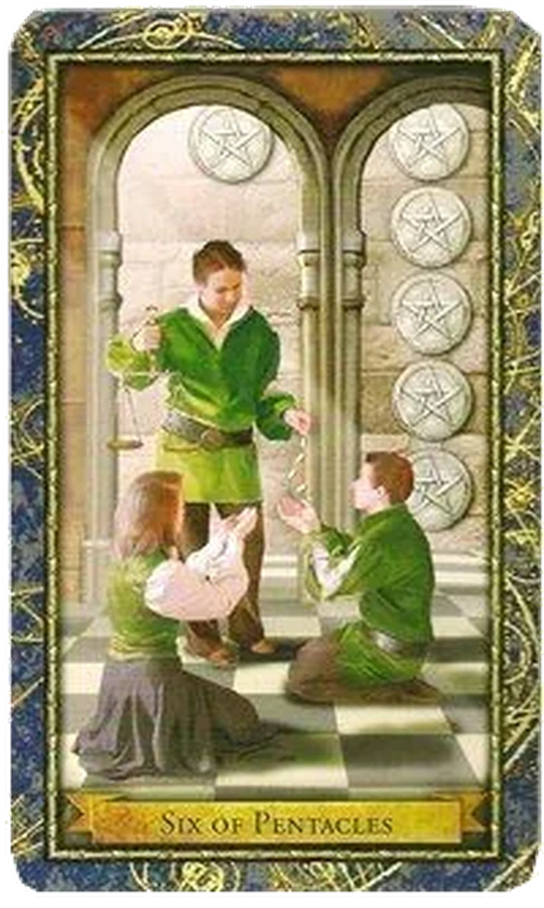6 of Pentacles card from the Wizards Tarot deck by Corrine Kenner