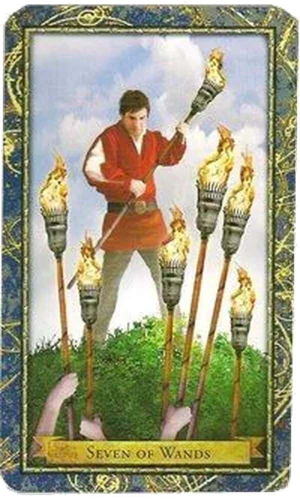 7 of Wands card from the Wizards Tarot deck by Corrine Kenner