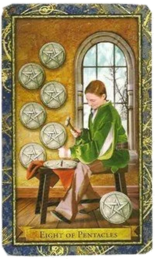 8 of Pentacles card from the Wizards Tarot deck by Corrine Kenner