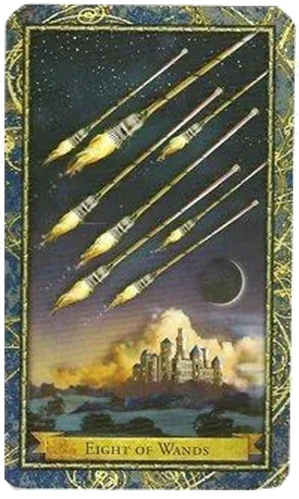 8 of Wands card from the Wizards Tarot deck by Corrine Kenner