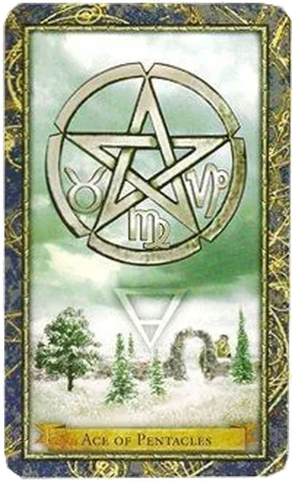 Ace of Pentacles card from the Wizards Tarot deck by Corrine Kenner