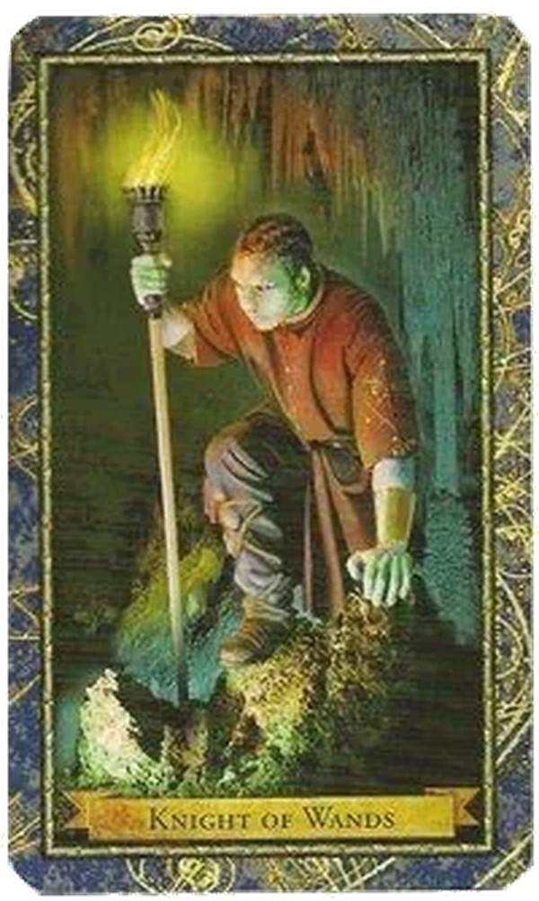 Knight of Wands card from the Wizards Tarot deck by Corrine Kenner