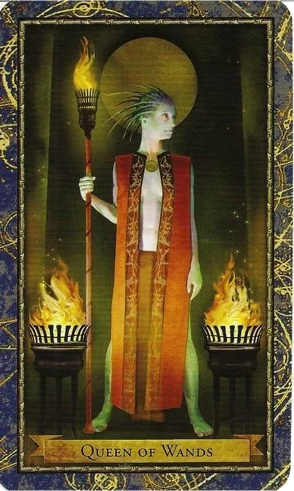 Queen of Wands card from the Wizards Tarot deck by Corrine Kenner