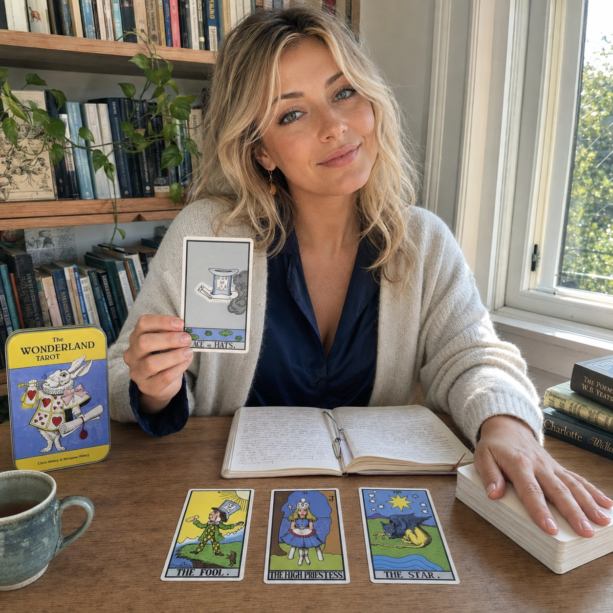 Aurica holding the Ace of Hats from Wonderland Tarot beside the exact tin, verified cards, and a stacked deck