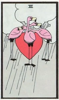 3 of Flamingos card from the Wonderland Tarot deck