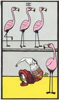 4 of Flamingos card from the Wonderland Tarot deck