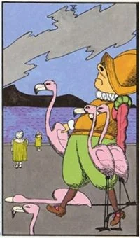 5 of Flamingos card from the Wonderland Tarot deck