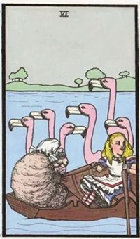 6 of Flamingos card from the Wonderland Tarot deck
