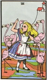 7 of Flamingos card from the Wonderland Tarot deck