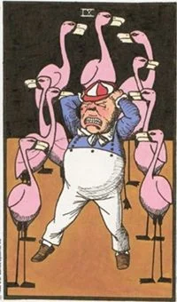 9 of Flamingos card from the Wonderland Tarot deck