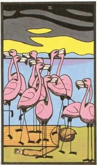 10 of Flamingos card from the Wonderland Tarot deck