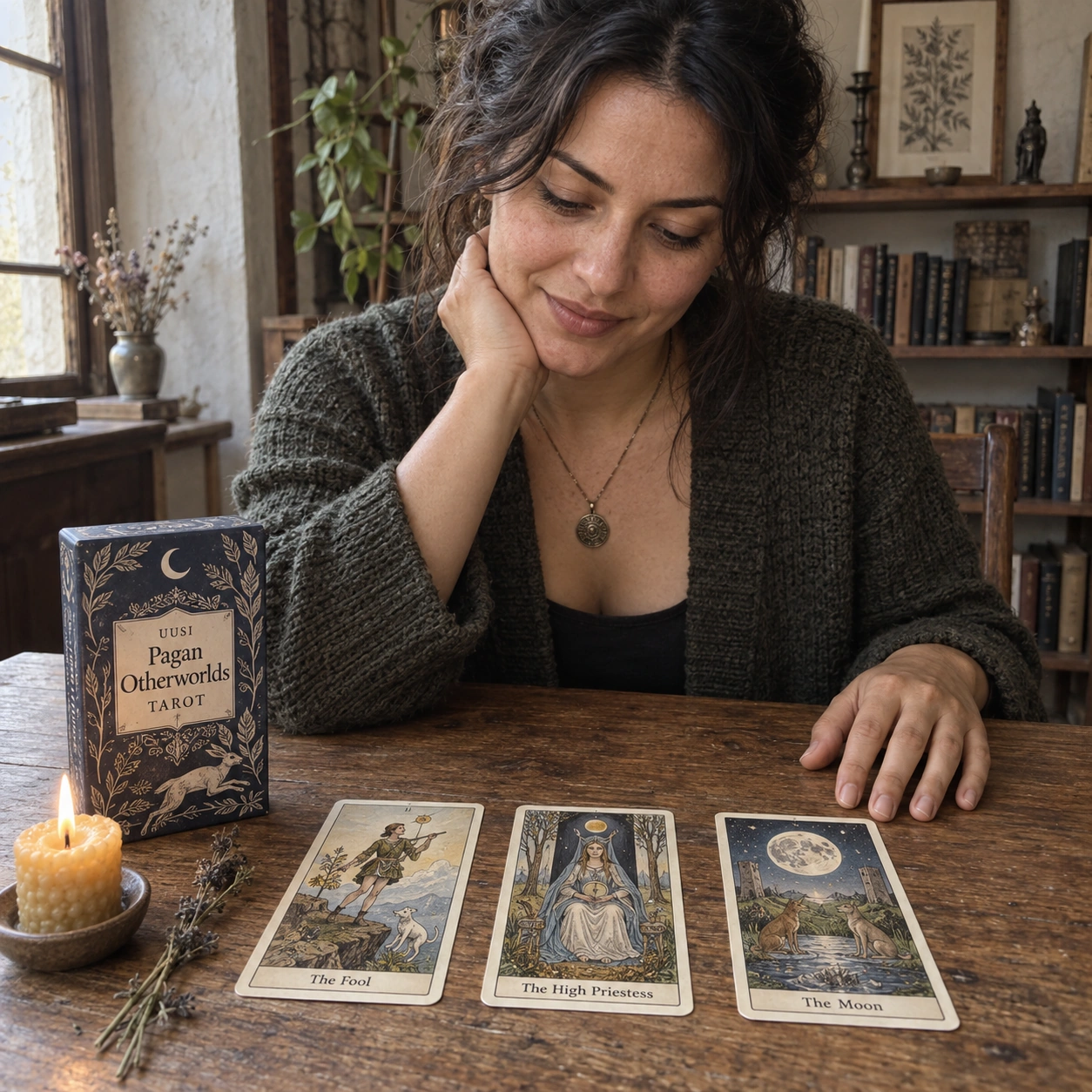Aurica reading The Fool, The High Priestess, and The Moon from Pagan Otherworlds Tarot