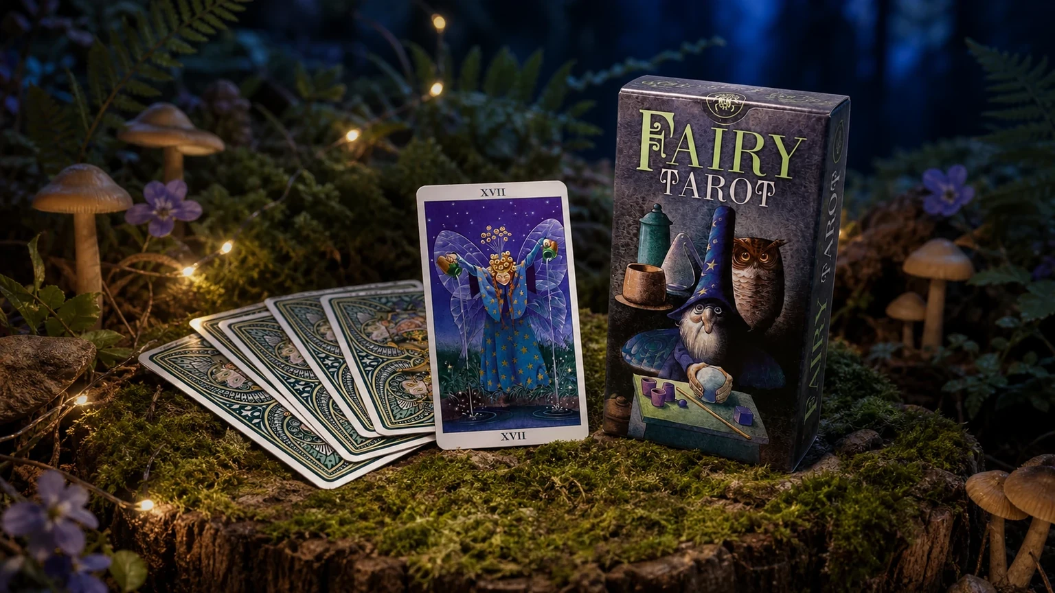 Fairy Tarot box, card backs, and The Naiad in an enchanted woodland setting