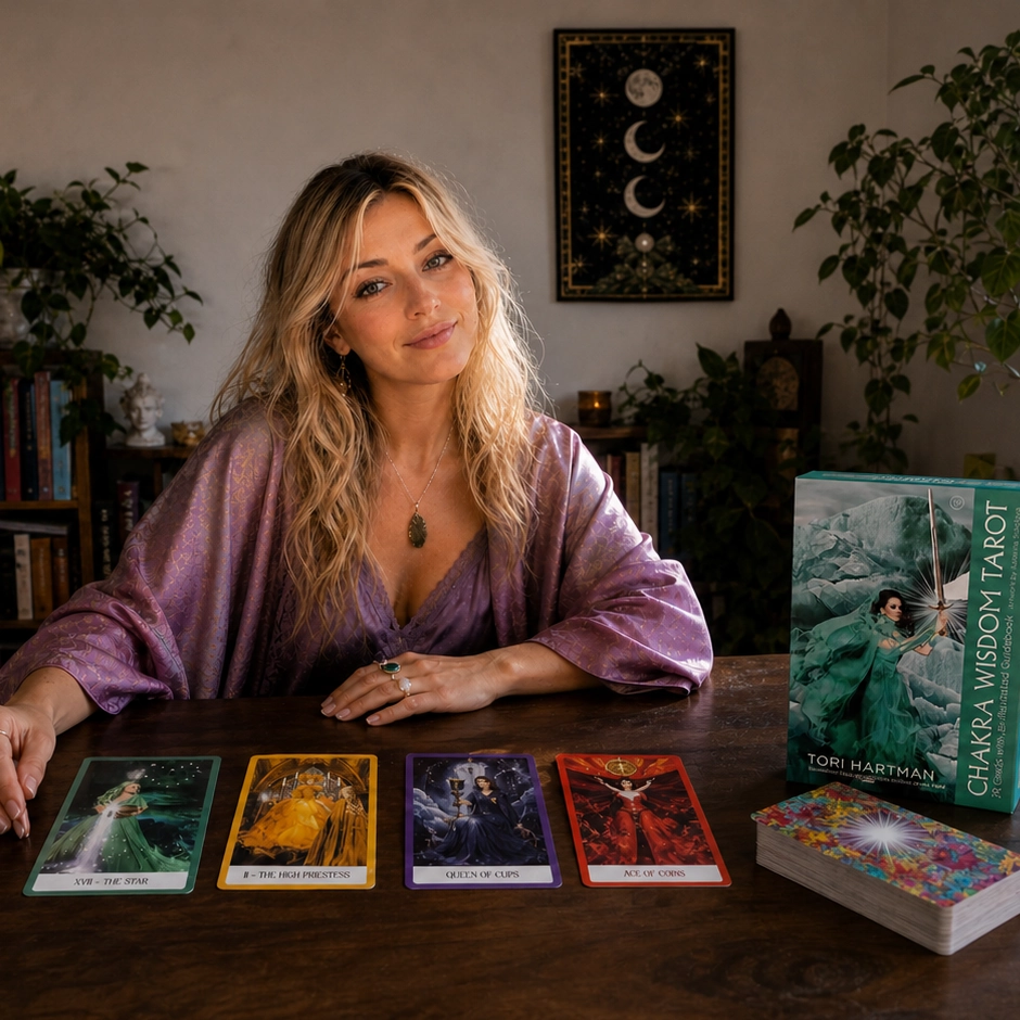 Chakra Wisdom Tarot with Aurica from Tarotfans.com Aurica laying out The Star, The High Priestess, Queen of Cups and Ace of Coins from the Chakra Wisdom Tarot deck beside its box and stacked remainder deck