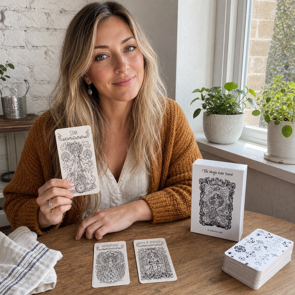 Aurica holding The Star from The Magic Gate Tarot beside the deck box, a two-card spread and stacked deck