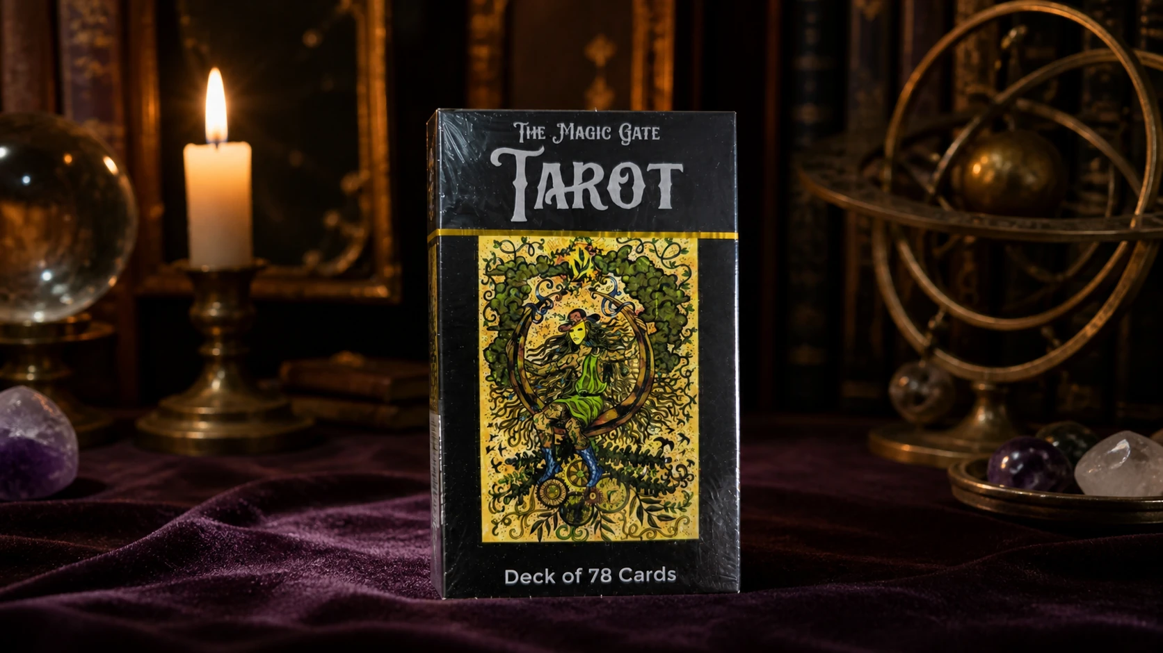 Sealed black Magic Gate Tarot 78-card box in a candlelit occult study