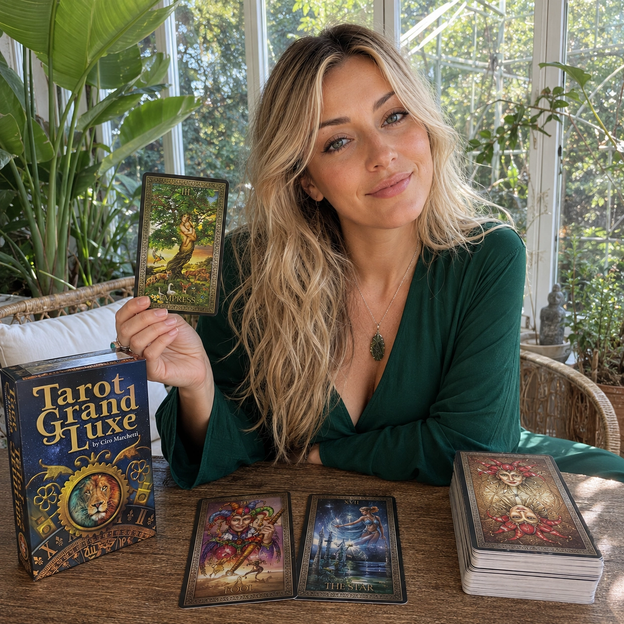 Tarot Grand Luxe with Aurica from Tarotfans.com Aurica holds the Empress from Tarot Grand Luxe beside the exact deck box, the Fool and Star, and a separate stacked deck with its verified jester back