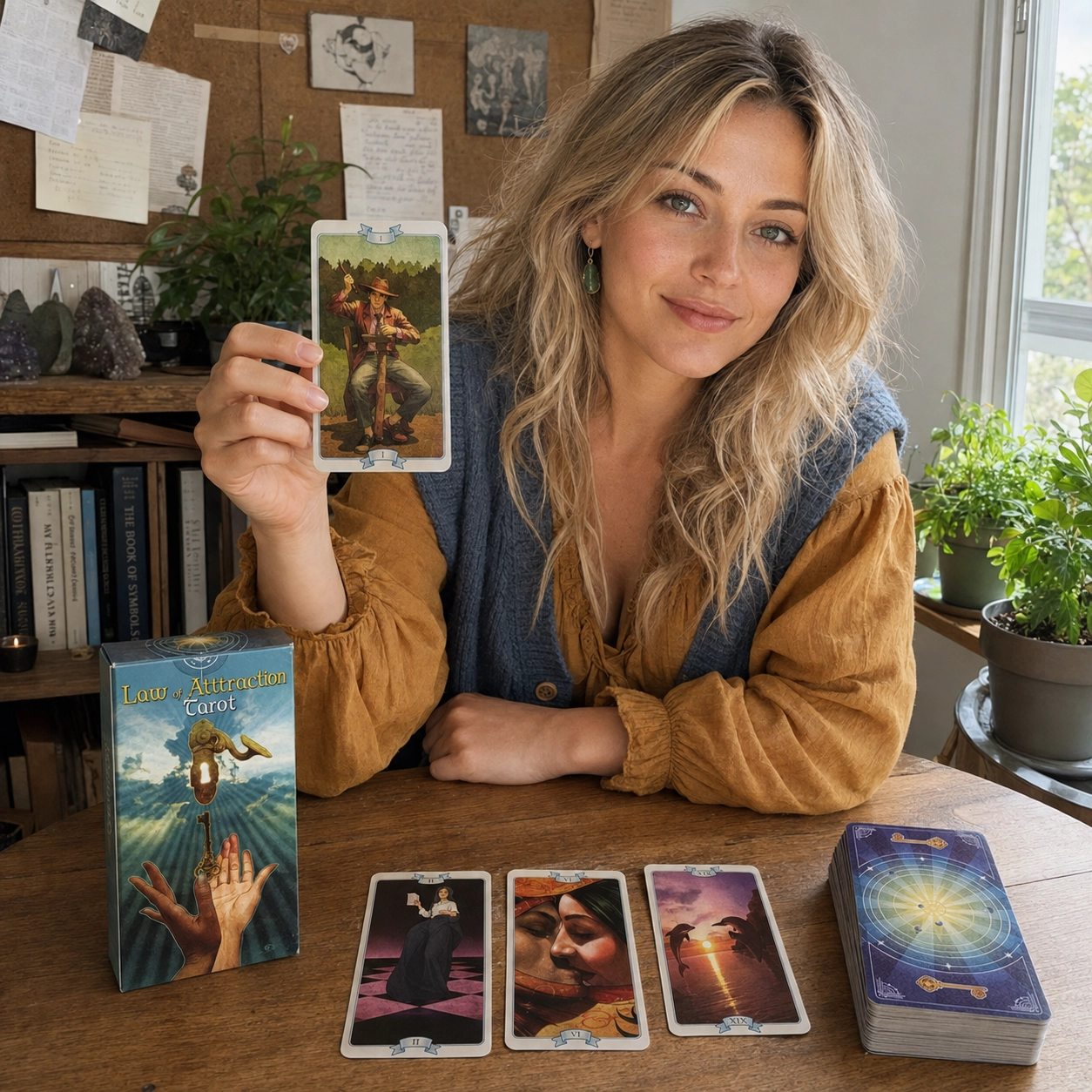 Aurica presenting The Magician from Law of Attraction Tarot beside The High Priestess, The Lovers, The Sun, the deck box and stacked cards